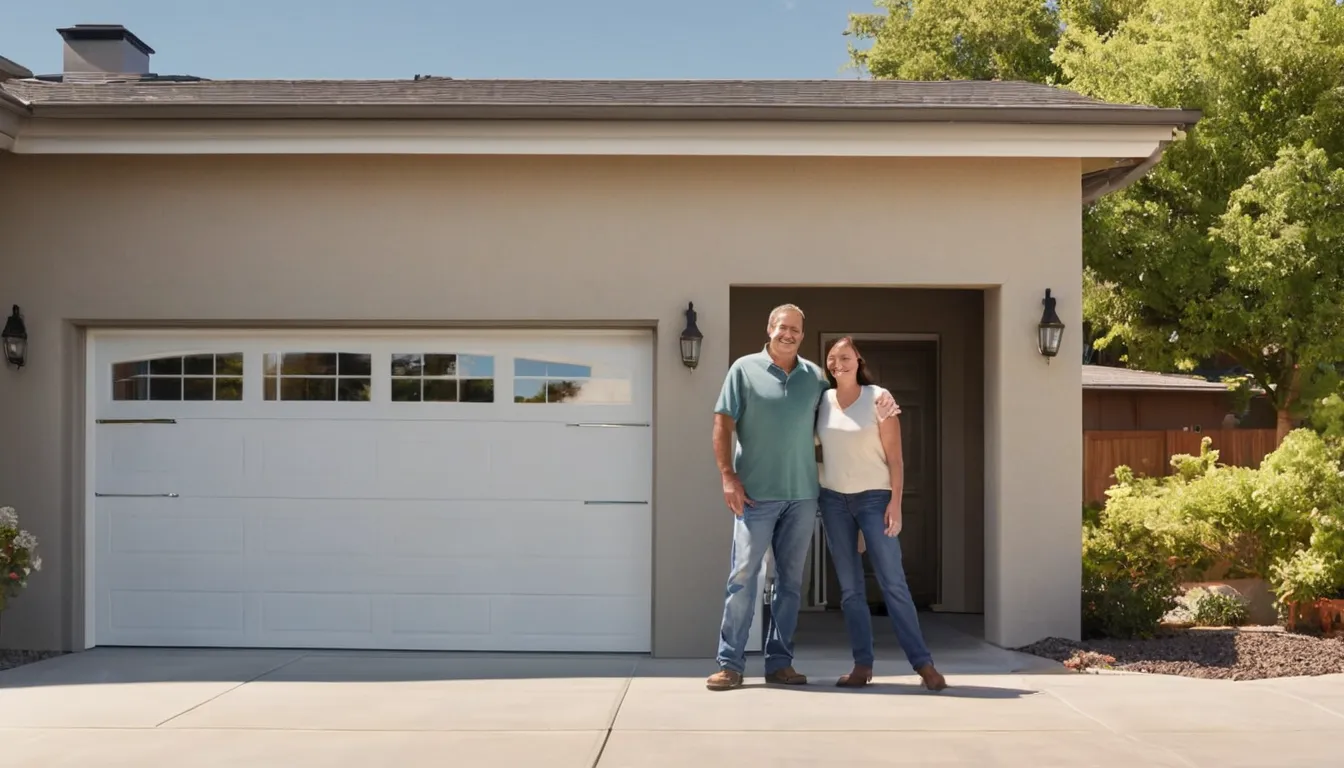 A friendly installer and a homeowner reviewing a new garage door at a stucco home in Solana Beach