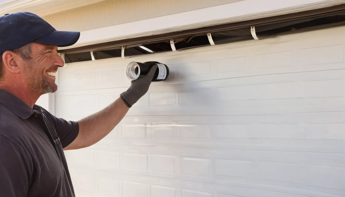Friendly garage door provider checking a torsion spring above a residential garage door in Solana Beach