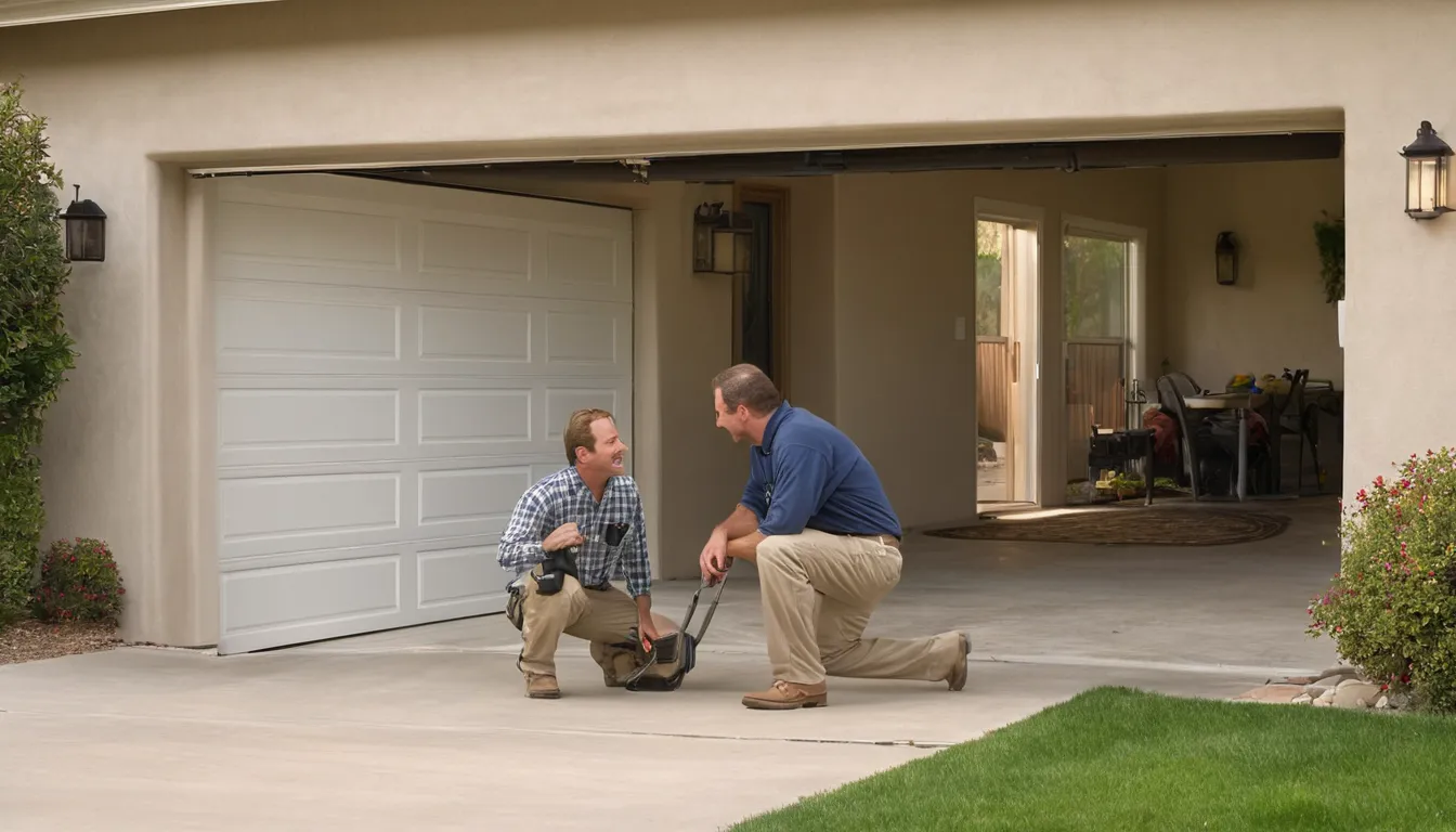A friendly provider checking a garage door at a stucco home in Solana Beach